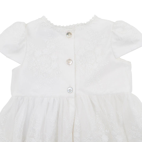 OPEN BACK CHRISTENING DRESS WITH BLOOMERS AND BONNET