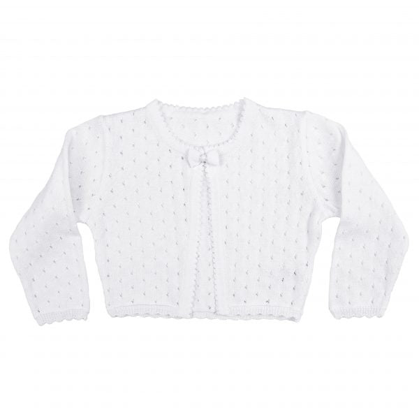 Girls White 100% Cotton Cardigan with Tear Drop Pattern and Scalloped Trim