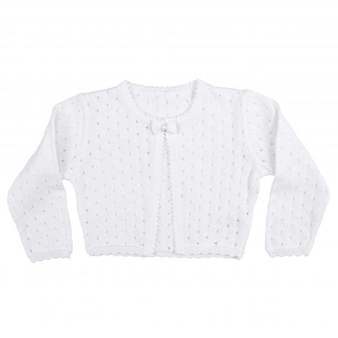 Girls White 100% Cotton Cardigan with Tear Drop Pattern and Scalloped Trim