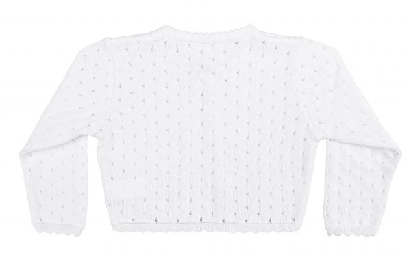Girls White 100% Cotton Cardigan with Tear Drop Pattern and Scalloped Trim