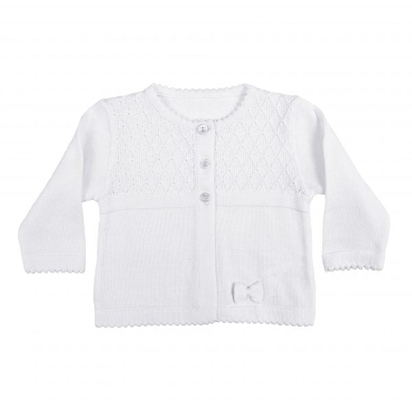 Girls White 100% Cotton Cardigan with Diamond Knit Bodice and Rosebud Trim