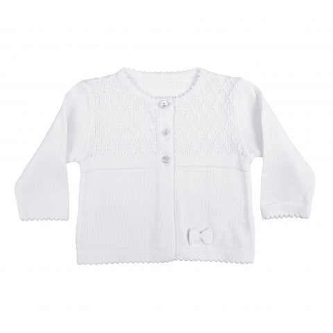Girls White 100% Cotton Cardigan with Diamond Knit Bodice and Rosebud Trim